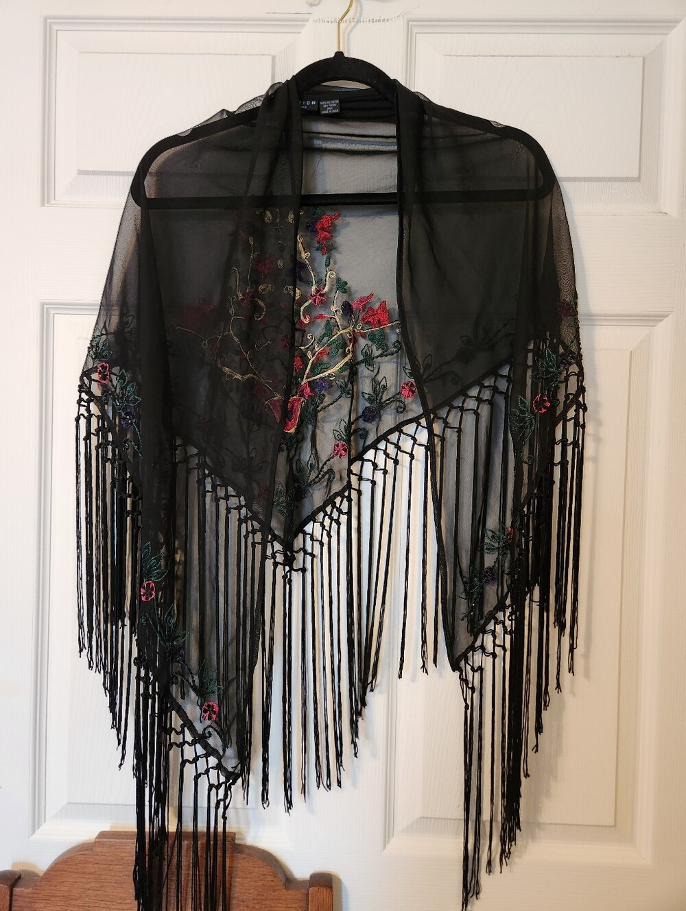 Reaction by Kenneth Cole, Black Floral Embroidered Fringe Shawl